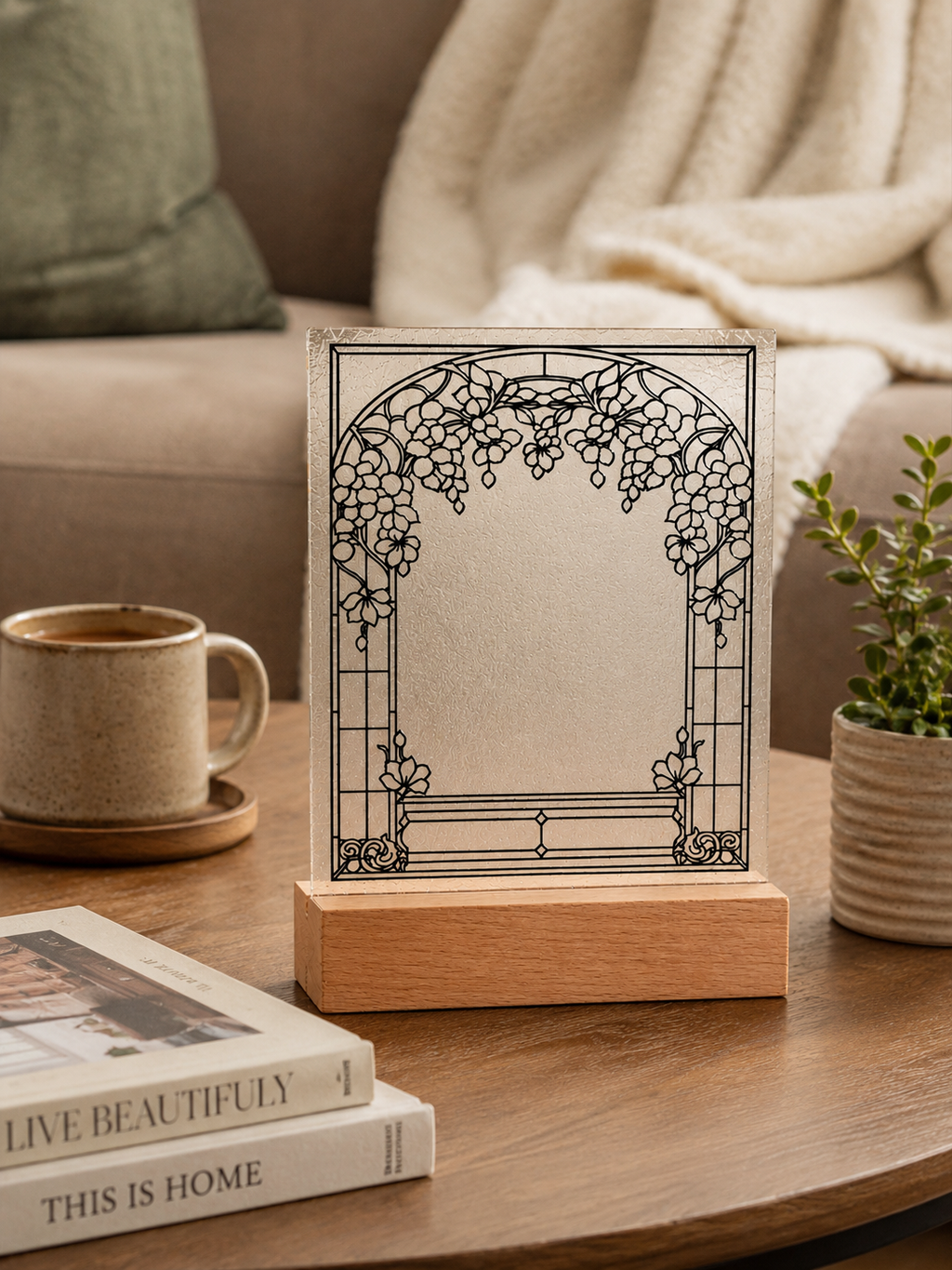 Decorative frame with floral design on a wooden base, placed on a table with books and a cup.